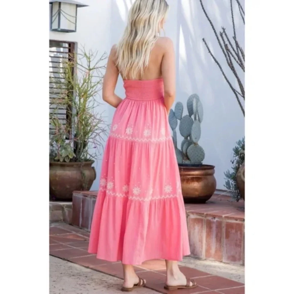 Rose Embroidered Floral Smocked Waist Gauze Summer Casual Halter Maxi Dress - Picture 4 of 5